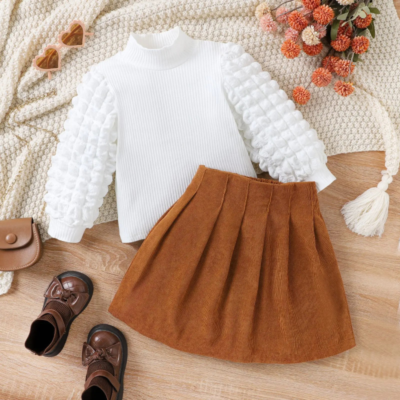 Davruna Autumn Elegance Bubble Sleeve Top & Corduroy Skirt Set